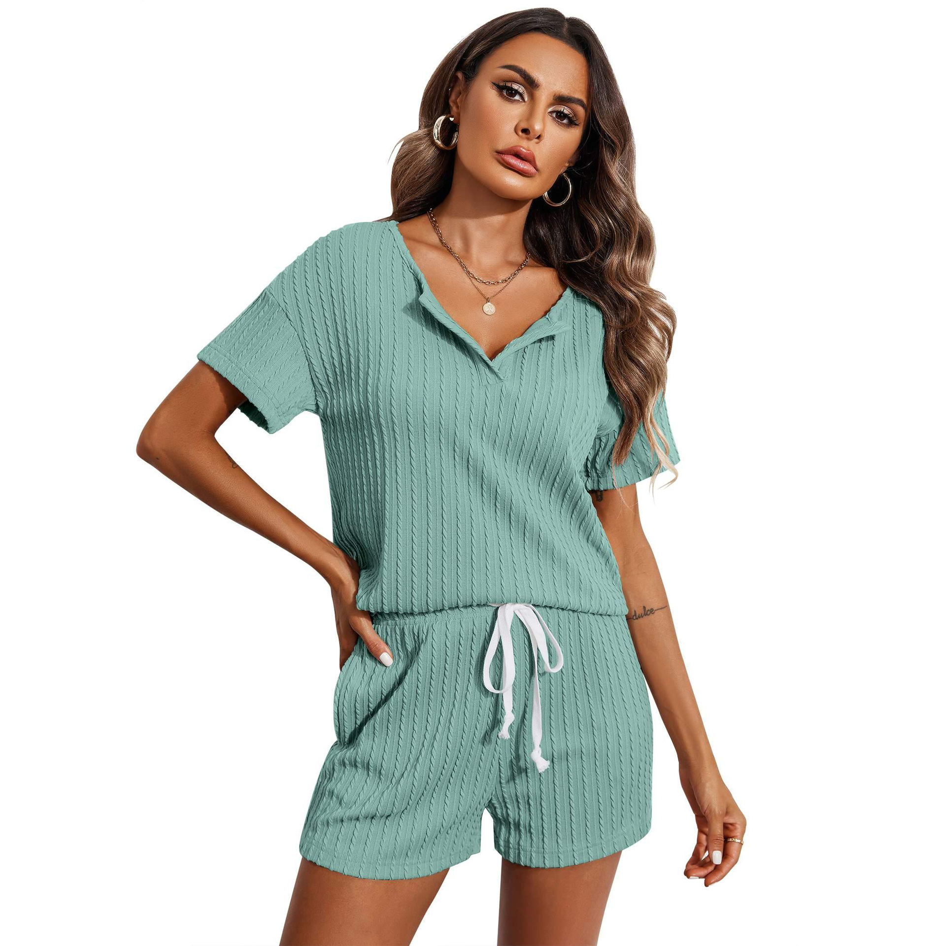 Womens Cable Knit Romper With Short Sleeve And Drawstring Waist